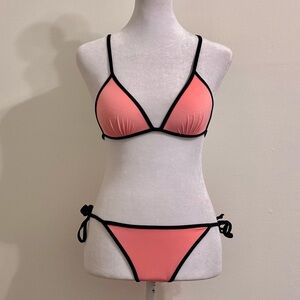 H&M Coral Pink Black Trim String Triangle Bikini Set Size 4